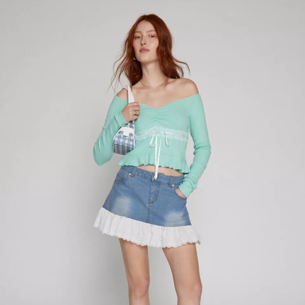 NWT UO Kimchi Blue Gianna Off The Shoulder Green Lace Top